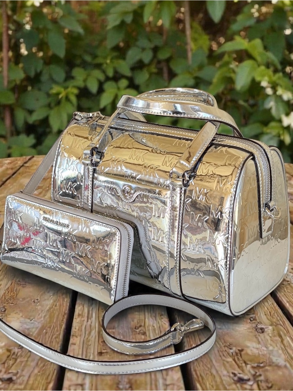 Michael Kors Metallic Silver MK-Embossed Satchel with Wallet